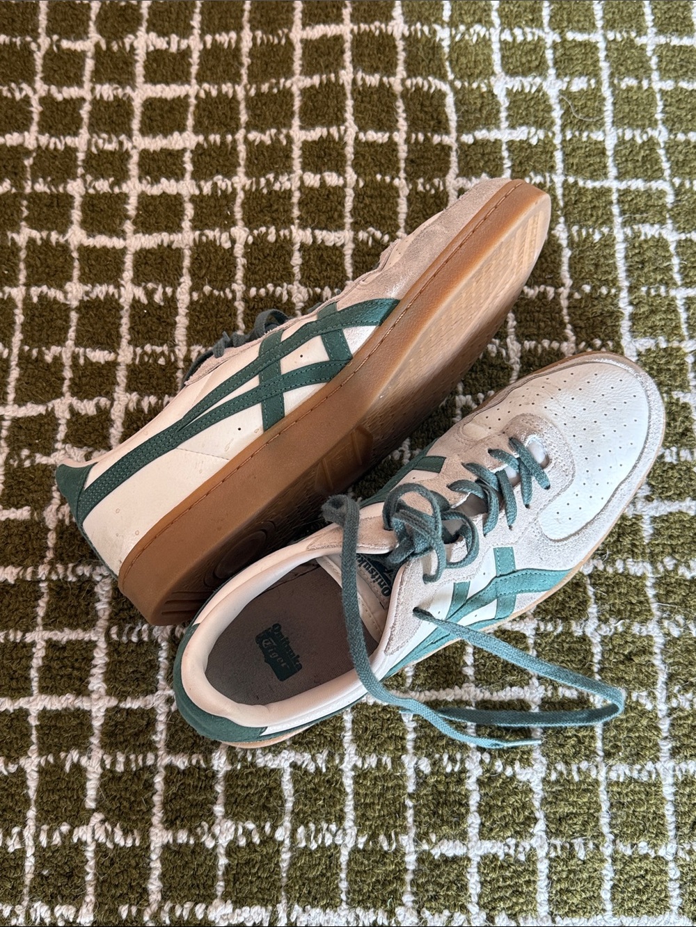 Men’s Tigers White Sneakers with Teal Stripes and Gum Sole